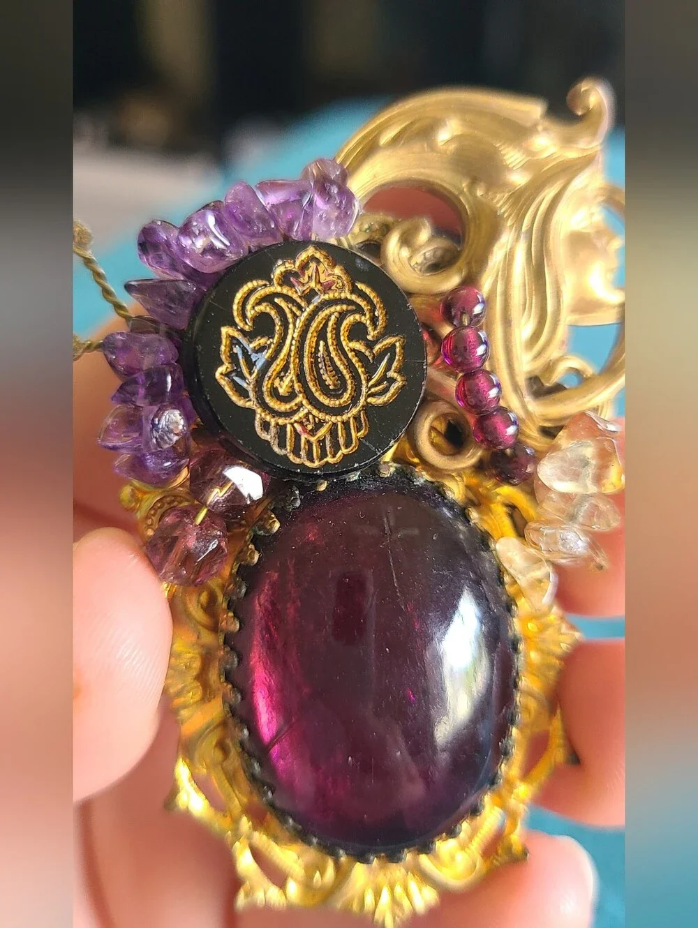 Hand Crafted Gold-Tone Brooch with Deep Purple Cabochon and Amethyst Chips